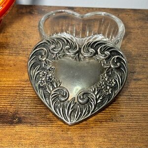 Vintage Glass Heart Shaped Trinket Dish with Metal Lid Love Gift